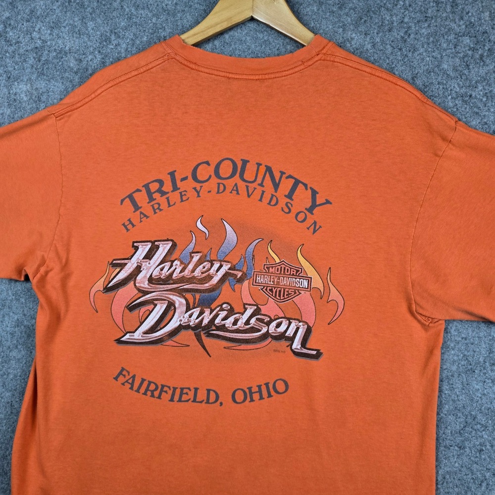 Vintage Harley Davidson T Shirt Mens Large Orange Tri-County Biker Y2K Flames